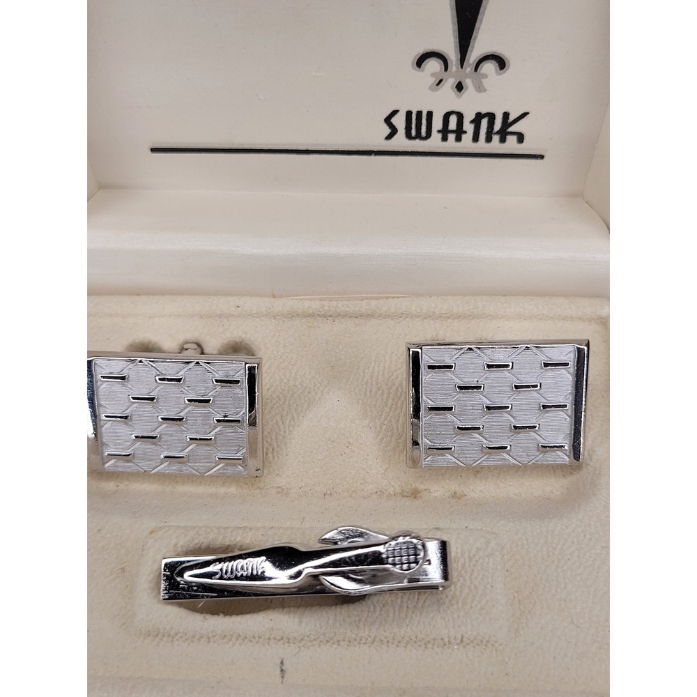 Swank Cufflink and Tie Clip Set Silver Tone Textured Rectangular Boxed Excellent